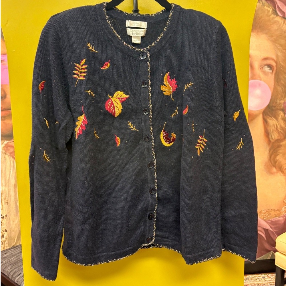 Christopher & Banks Vintage Hand Embroidered Leaf Cardigan Navy Blue Large Fall - Picture 2 of 8